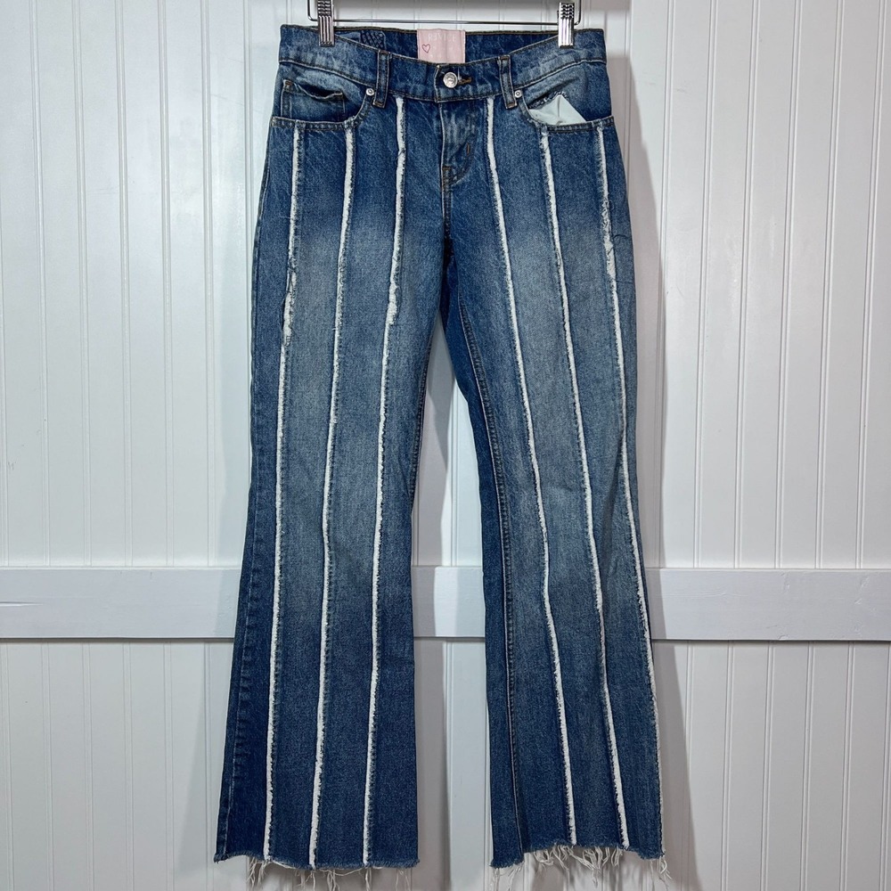 REVICE Denim Flare Jeans Coquette Grunge White Stripe Wide Leg Y2K Raw Hem